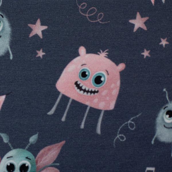 Baumwolljersey kleine Monster Rosa auf Anthrazit Mrs.Mint Design by Swafing